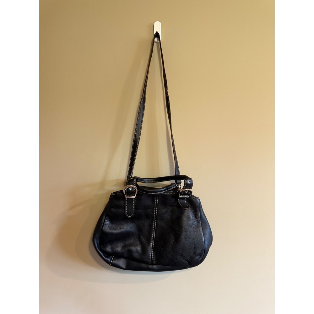 St. John's Bay Black Genuine Leather Shoulder Bag Contrast Stitch Handbag